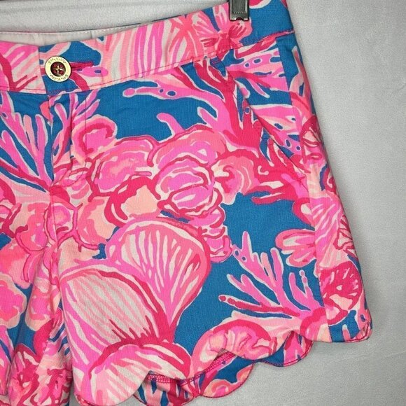 Lilly Pulitzer 5" Shorts Pink Blue Buttercup Short Scalloped Hem Sz 0 - Picture 4 of 7